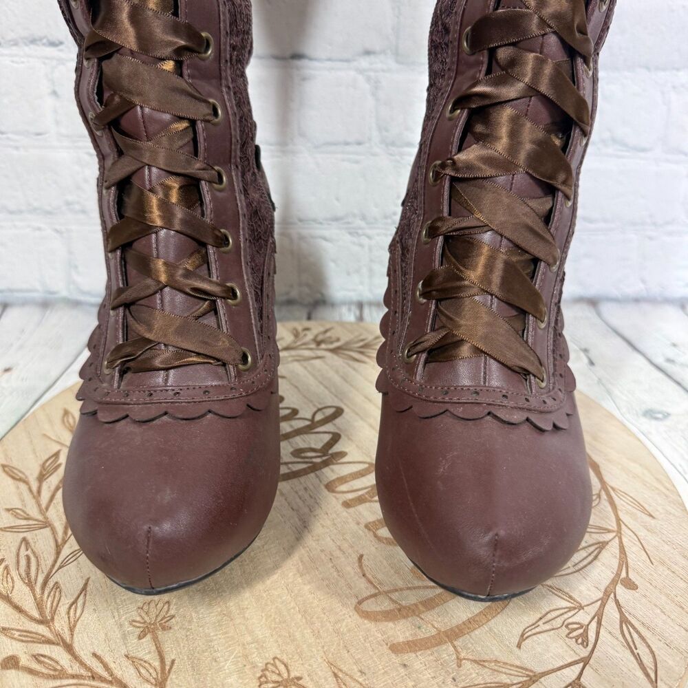 Ellie Victorian Steampunk Lace Up Knee High Boots Size 7 Brown Platform Goth - Picture 5 of 16
